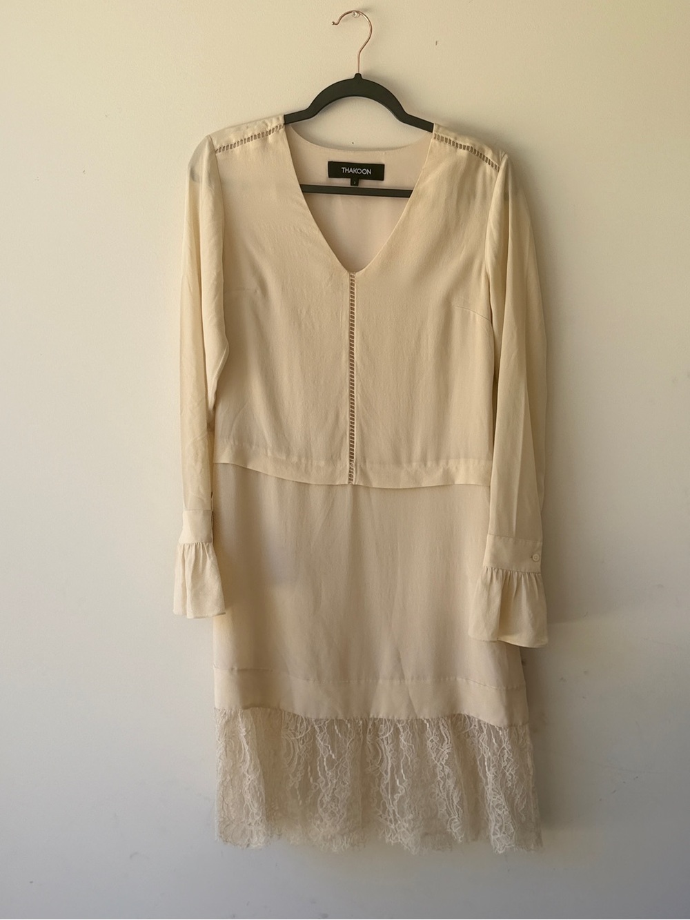 Thakoon Soft Cream V-Neck Long Sleeve Dress with Lace Hem